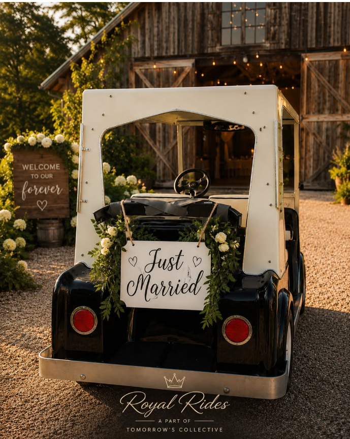 The Royal Rides cart — a cream-and-black vintage-style cart with florals and a Just Married sign at a barn venue